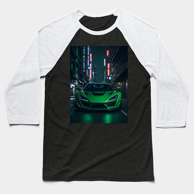 Dark Green Sports Car in Japanese Neon City Baseball T-Shirt by star trek fanart and more